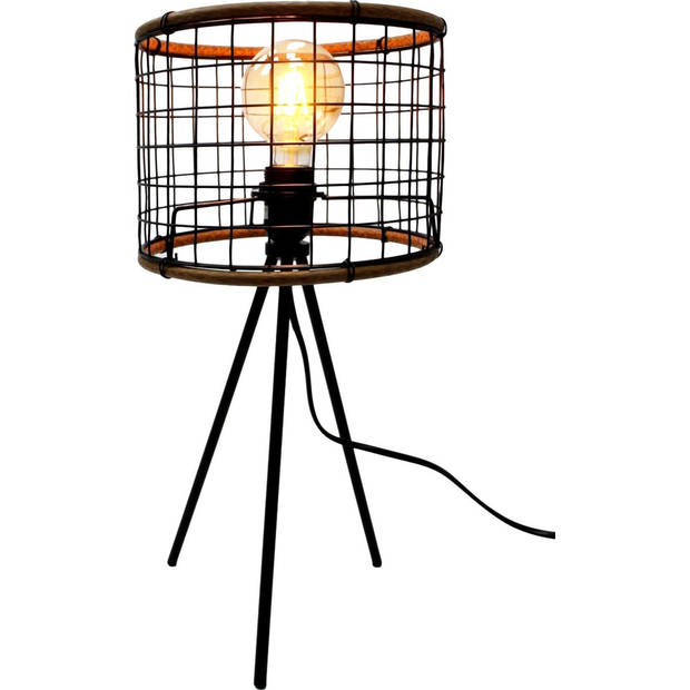 MaxxHome Tafellamp - Stalamp - 49 cm - E27 LED - 40 W - Zwart Frame en Houten Lampenkap