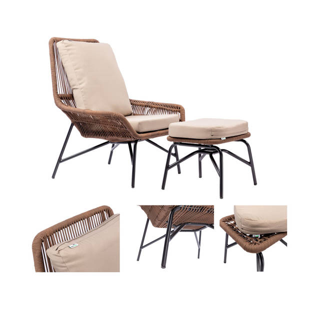 MaxxGarden Estrella Easy Loungestoel - Tuinzetel met Ottoman - incl. Kussens - Cappuccino