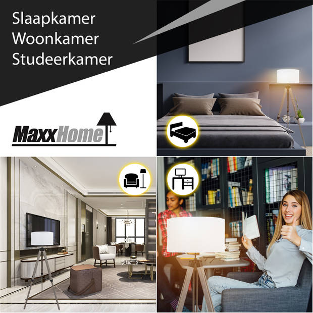 MaxxHome Vloerlamp Elly - Leeslamp - Driepoot - Hout -145 cm - E27 - LED - 40W (wit)