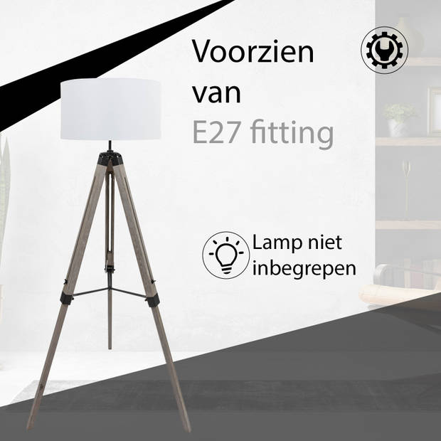 MaxxHome Vloerlamp Elly - Leeslamp - Driepoot - Hout -145 cm - E27 - LED - 40W (wit)