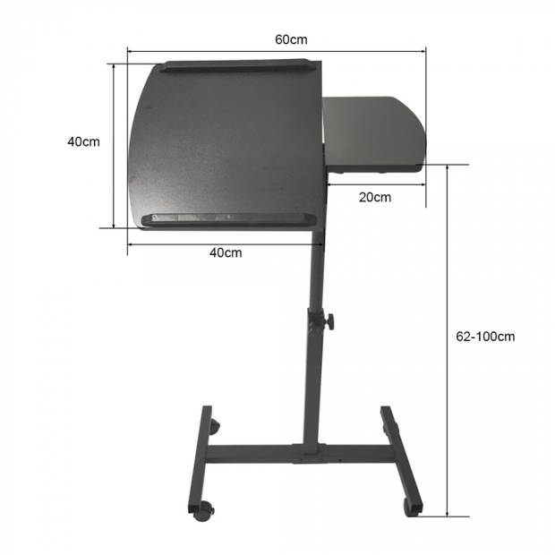 Laptoptafel laptopstandaard - bijzettafel bedtafel - verrijdbaar wieltjes - hoogte verstelbaar - zwart
