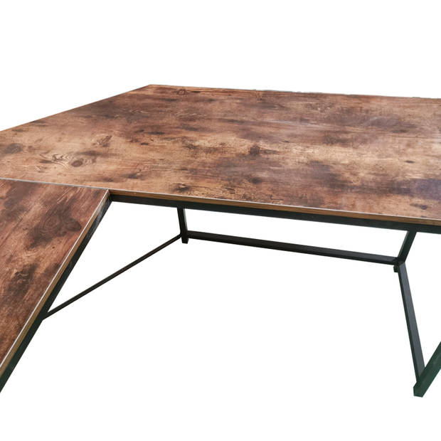 Hoekbureau Stoer - L-vormige computertafel - industrieel vintage - zwart metaal met bruin hout