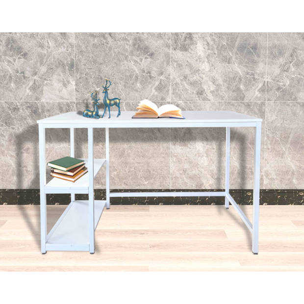 Bureau Stoer - computertafel - industrieel design met opbergplanken - 120 cm breed - wit