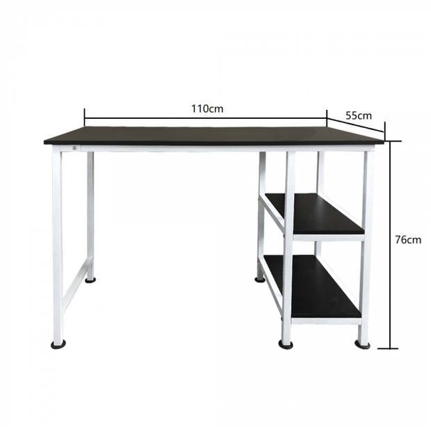 Bureau computer tafel - met opbergplanken - 110 cm breed - wit zwart