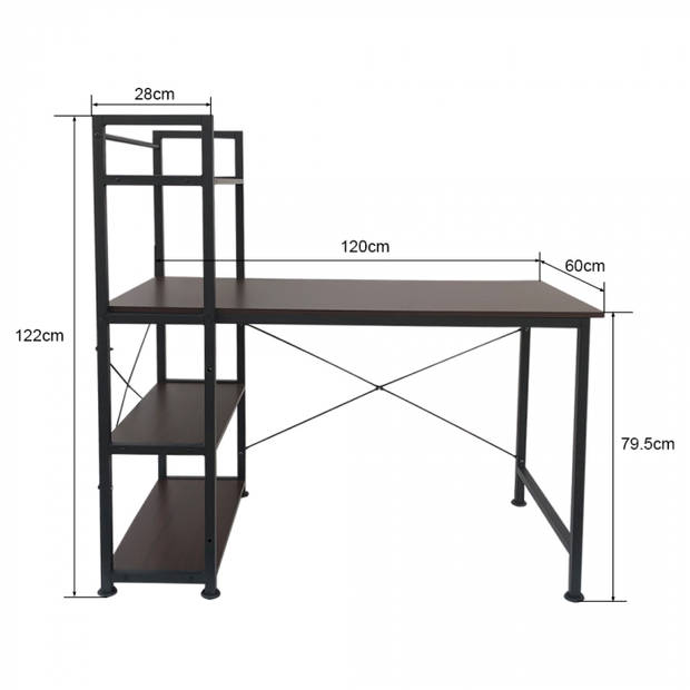 Bureau computertafel Stoer - 3 opbergplanken - industrieel vintage bruin - metaal hout