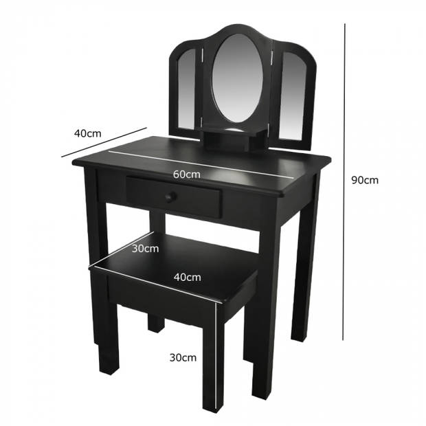 Kaptafel make up visagie opmaaktafel kinderkamer - toilettafel met spiegel en krukje - zwart