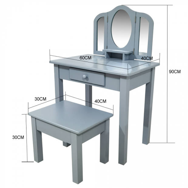 Kaptafel make up visagie tafel Prinses meisje met spiegel en krukje grijs