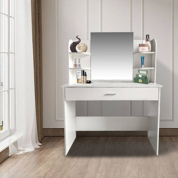 Kaptafel - make up visagie opmaaktafel - toilettafel - met spiegel lade en opbergplanken - wit