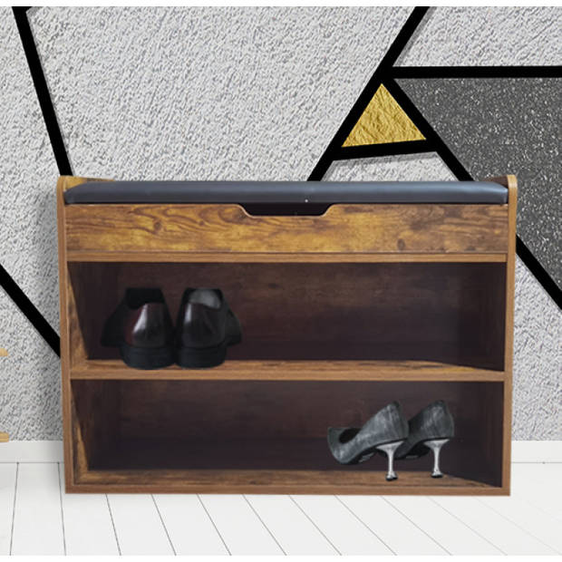 Schoenenkast met zitkussen - Halbankje met schoenen opbergvakken - Vintage bruin