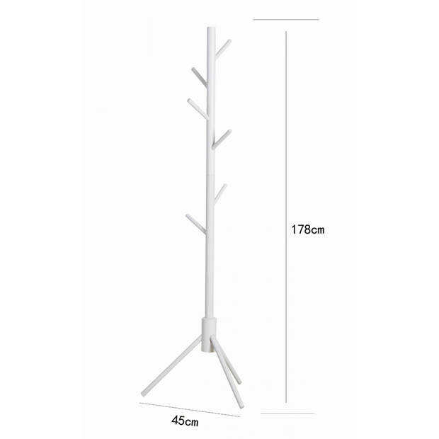 Staande kapstok - boom kapstok 8 haken hout - 178 cm hoog - wit