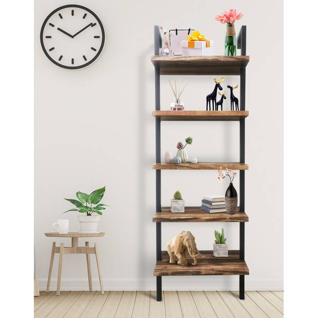 Wandrek ladder boekenkast Stoer - industrieel metaal hout - 184 cm hoog - zwart