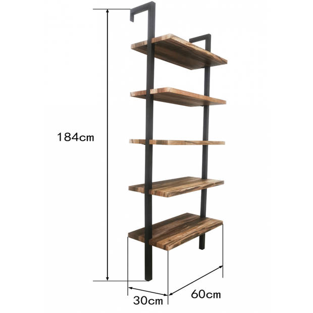 Wandrek ladder boekenkast Stoer - industrieel metaal hout - 184 cm hoog - zwart