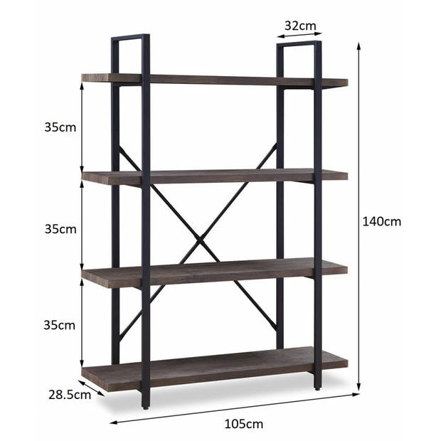 Wandkast Stoer - metaal hout industrieel design open boekenkast 140 cm hoog zwart