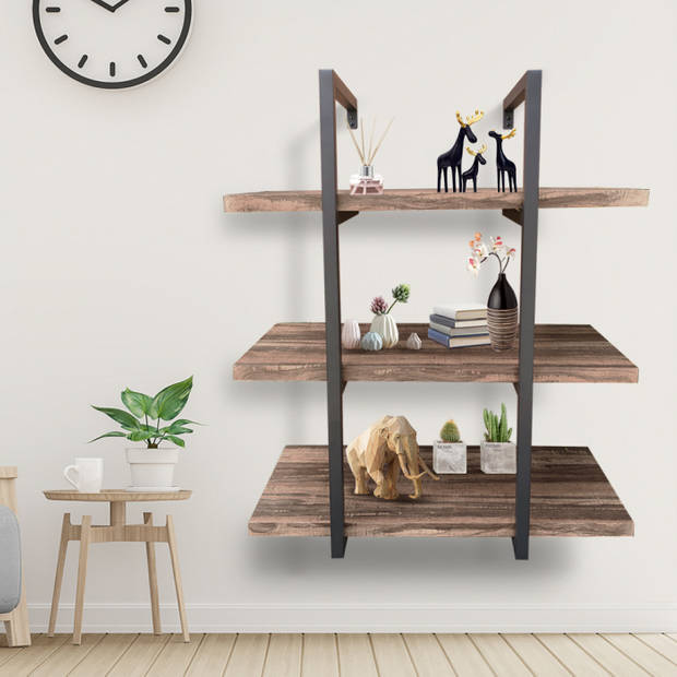 Wandrek ladder Stoer - wandplank boekenkast - wandkast - industrieel - 3 opbergplanken