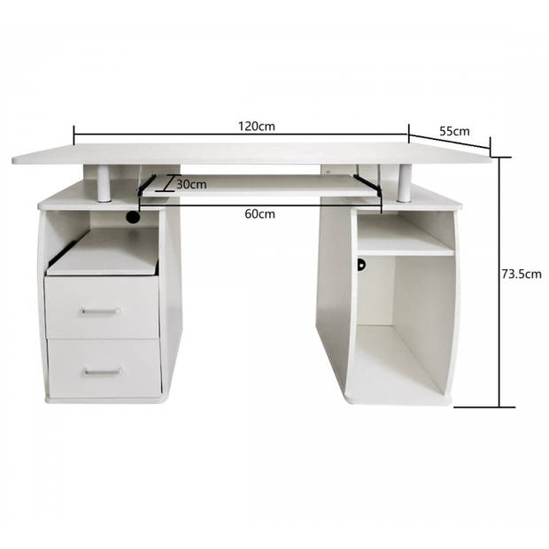 Bureau computertafel - praktisch veel opbergruimte in lades en vakken - 120 cm breed - wit