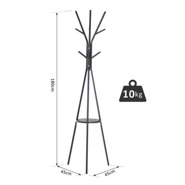 Kapstok - Kapstok Staand - 8 haken - Met schap - Metaal - Zwart - 180 x 45 x 45 cm