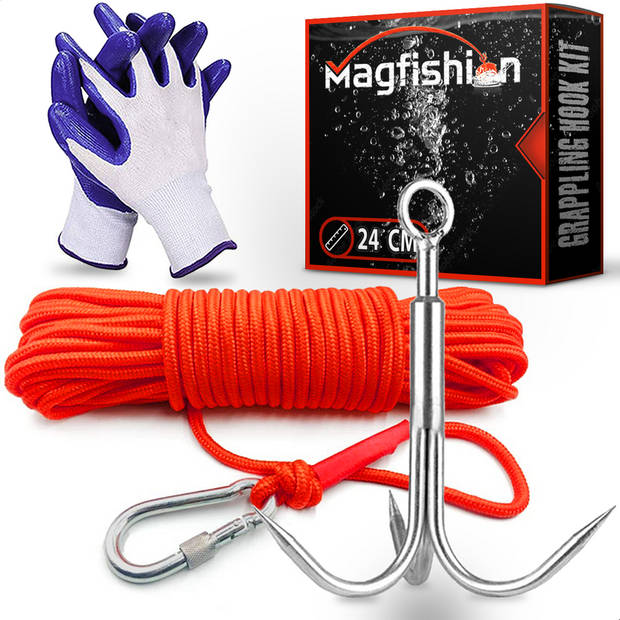 Magfishion Vismagneet Haak - 24 cm - Vismagneten Dreghaak Set - Extra Groot – Incl. Touw, Karabijnhaak & Handschoenen