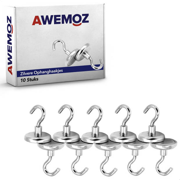AWEMOZ® Magnetische Ophanghaakjes Zelfklevend - 10 stuks - Ophanghaken - 15 KG Trekkracht - Zilver