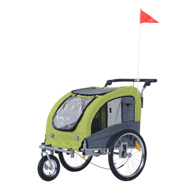 Hondenfietskar - Fietskar -Hondenaanhanger - Buggyfunctie -Geveerd en geremd - Groen/Grijs - 130 x 90 x 110