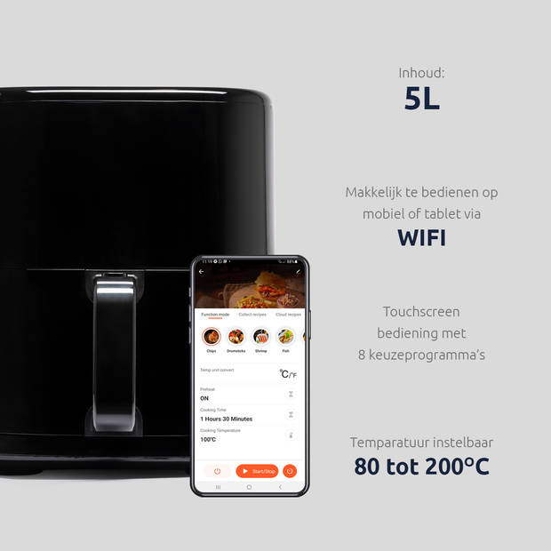 BluMill Digitale Airfryer - met Crispplaat - Airfryer 5 liter - Wifi & Gratis App