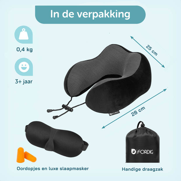 ForDig Premium Nekkussen - Inclusief Slaapmasker & Oordopjes - Memory Foam - zwart