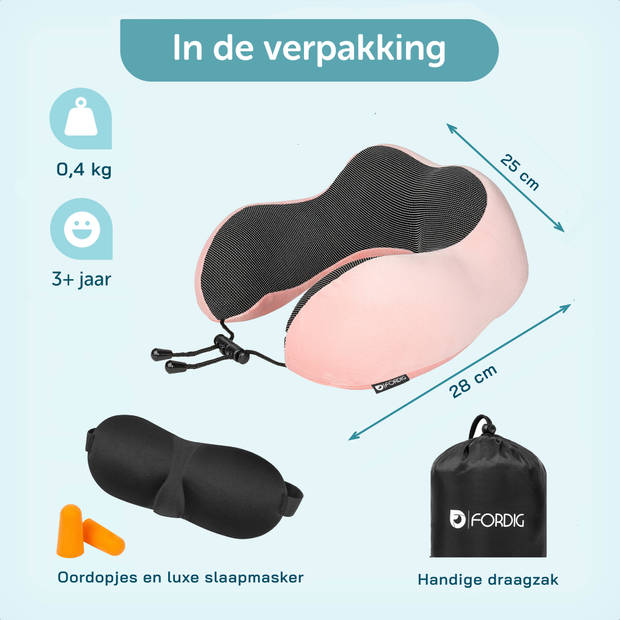 ForDig Premium Nekkussen - Inclusief Slaapmasker & Oordopjes - Memory Foam - Roze