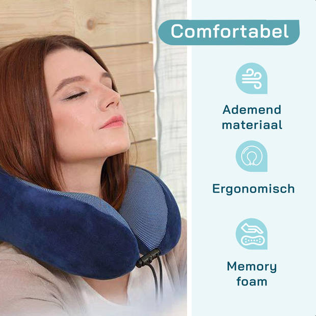 ForDig Premium Nekkussen Blauw Inclusief Slaapmasker & Oordopjes - Memory Foam Reiskussen - Ergonomisch Vliegtuig Reis