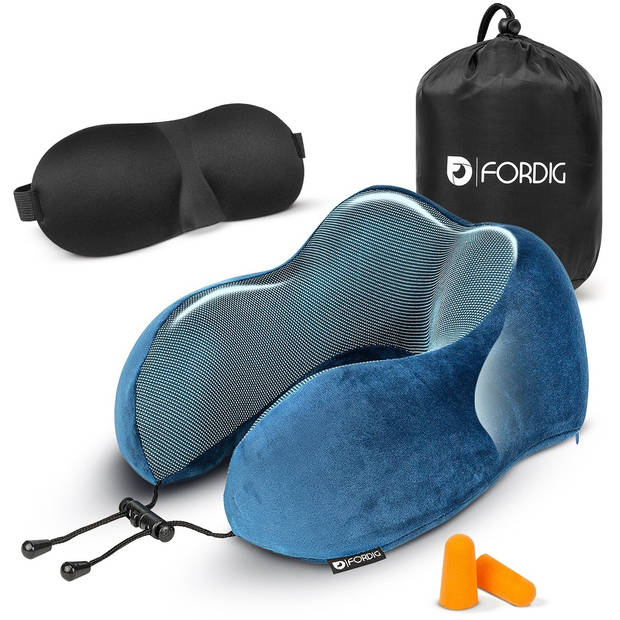 ForDig Premium Nekkussen Blauw Inclusief Slaapmasker & Oordopjes - Memory Foam Reiskussen - Ergonomisch Vliegtuig Reis