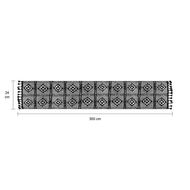 QUVIO Tafelloper gehaakt met fransjes - 300 x 24 cm - Katoen - Zwart
