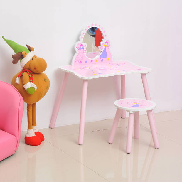 Kaptafel Set met kruk en spiegel - Speelgoed Kinder Make -Up Tafel - Hout - Roze