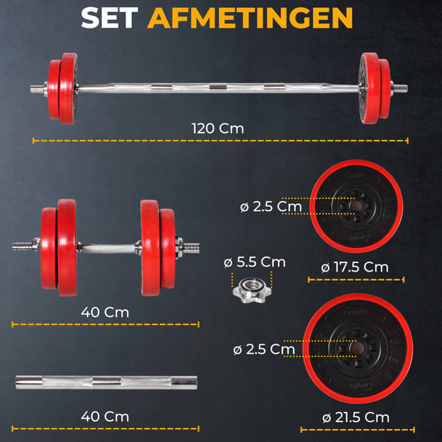 Dumbbell set - Barbell set - Halter - Gewichten - Halterset - Halters - Halterstang met gewichten - 20 Kg