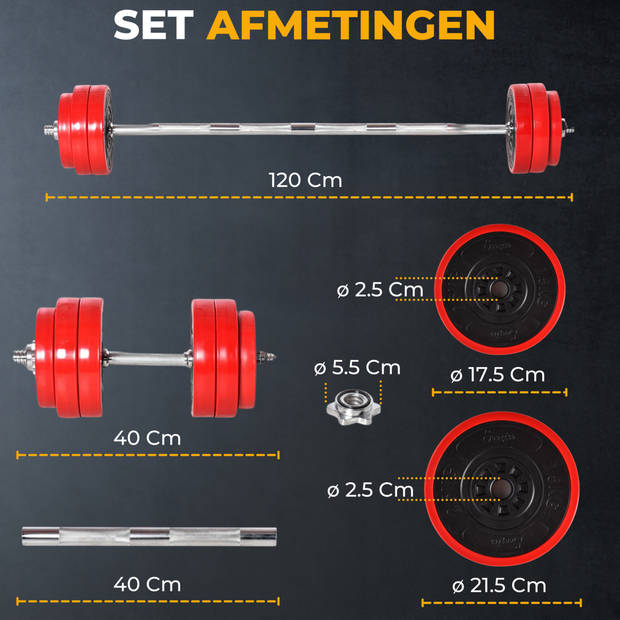 Dumbbell set - Barbell set - Halter - Gewichten - Halterset - Halters - Halterstang met gewichten - 30 Kg