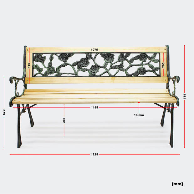 Tuinbank - Rosie - Tuinbankje - Tuinbank metaal - Tuinbank hout - Weersbestendig - 123 x 54 x 74 cm