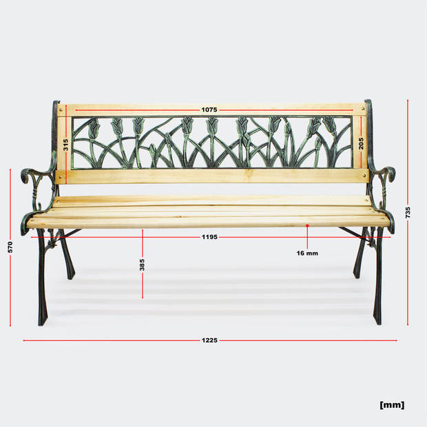 Tuinbank - Ulrike -Tuinbankje - Tuinbank metaal - Tuinbank hout - Weersbestendig - 123 x 54 x 74 cm