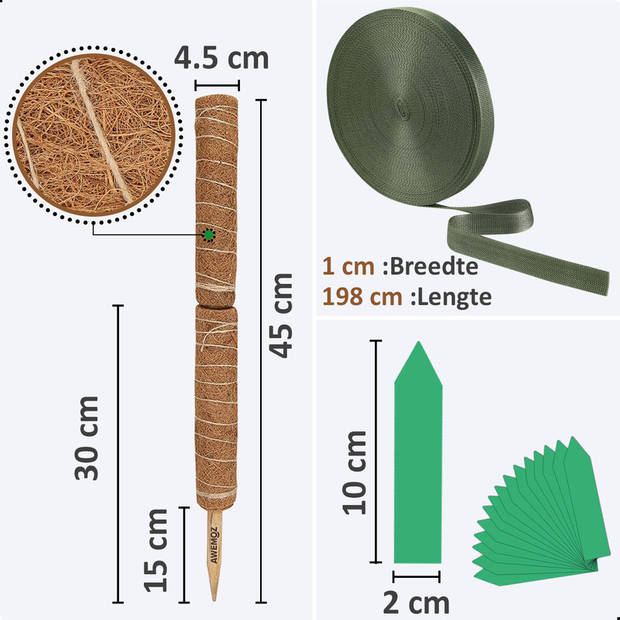 AWEMOZ Mosstok 2x30cm - Verlengbaar tot 45cm - Plantensteun - Bamboestokken - Plantenstok - Kamerplanten