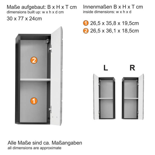 LineBad badkamerkast 1 deur gerookt zilver, wit hoogglans.