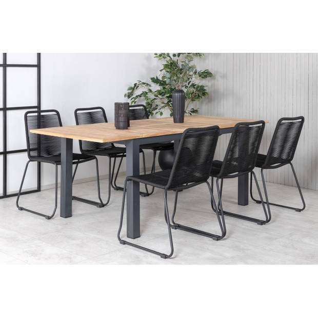 Panama tuinmeubelset tafel 90x152/210cm en 6 stoel stapelS Lindos zwart, naturel.