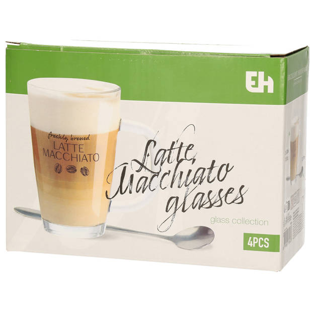 Excellent Houseware Latte macchiato glazen set - 2x - incl. lepels - glas - 300 ml - koffie glazen - Koffie- en theeglaz