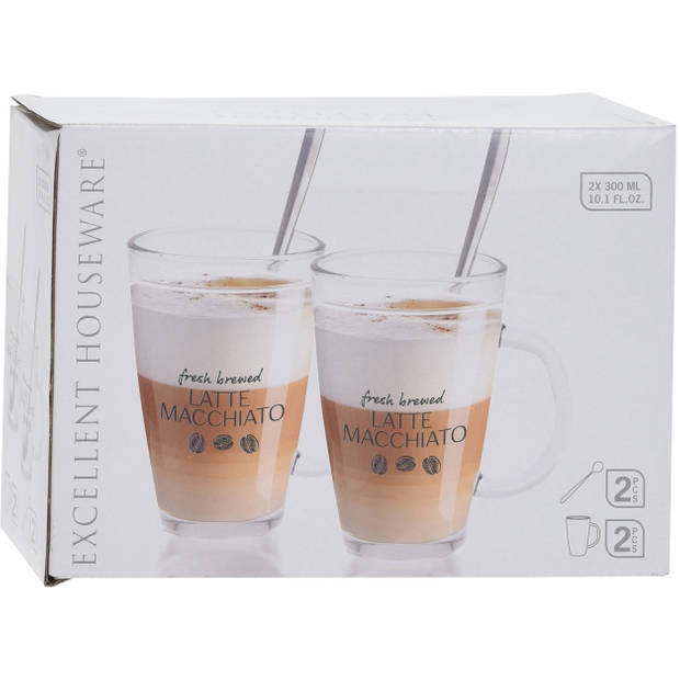 Set van 6x latte Macchiato glazen inclusief lepels 300 ml - Koffie- en theeglazen