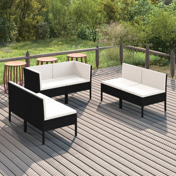 vidaXL 6-delige Loungeset met kussens poly rattan zwart