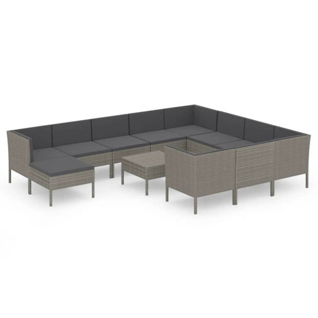 vidaXL 12-delige Loungeset met kussens poly rattan grijs