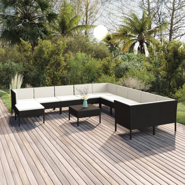 vidaXL 12-delige Loungeset met kussens poly rattan zwart