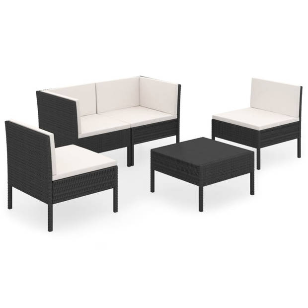 vidaXL 5-delige Loungeset met kussens poly rattan zwart