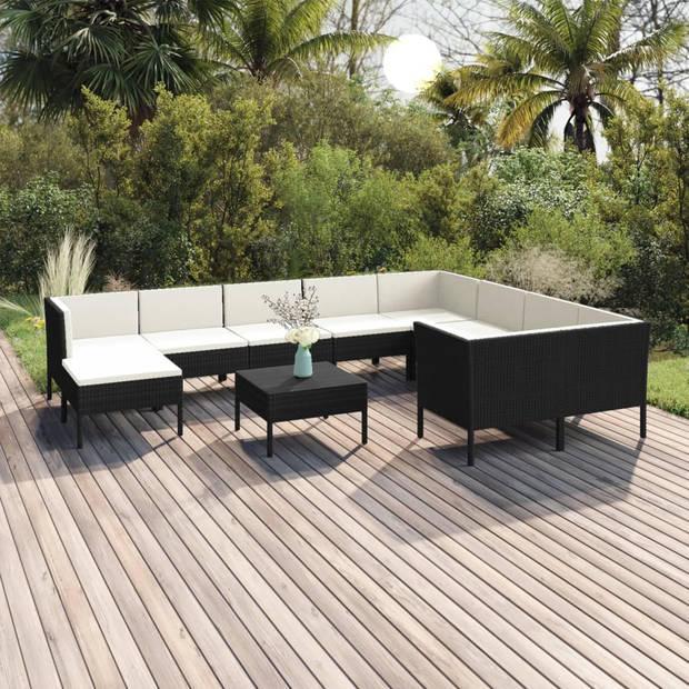 vidaXL 11-delige Loungeset met kussens poly rattan zwart