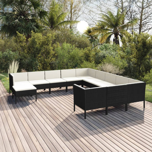 vidaXL 12-delige Loungeset met kussens poly rattan zwart