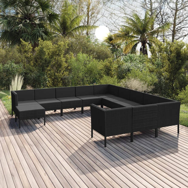 vidaXL 12-delige Loungeset met kussens poly rattan zwart