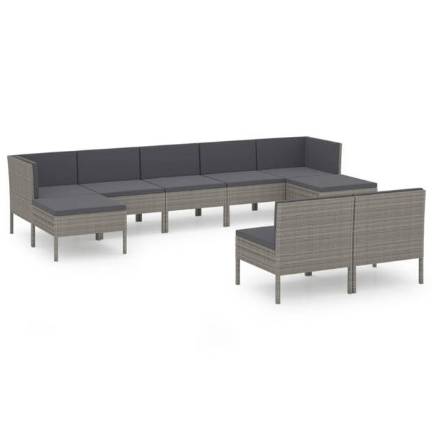 vidaXL 9-delige Loungeset met kussens poly rattan grijs