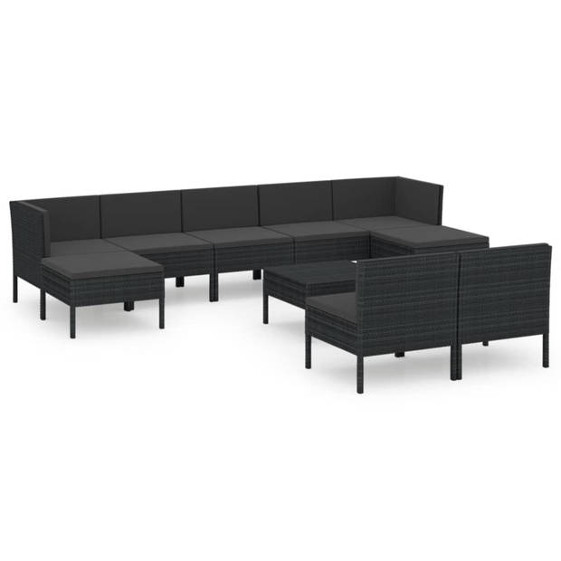 vidaXL 10-delige Loungeset met kussens poly rattan zwart