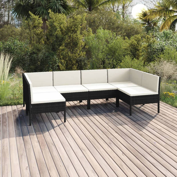 vidaXL 6-delige Loungeset met kussens poly rattan zwart