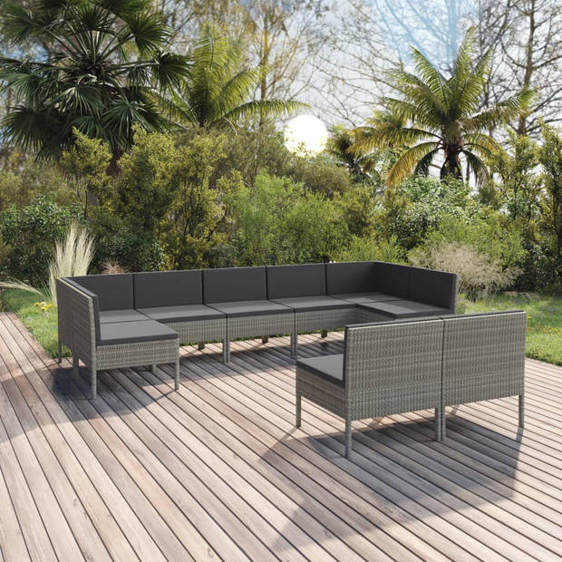 vidaXL 9-delige Loungeset met kussens poly rattan grijs